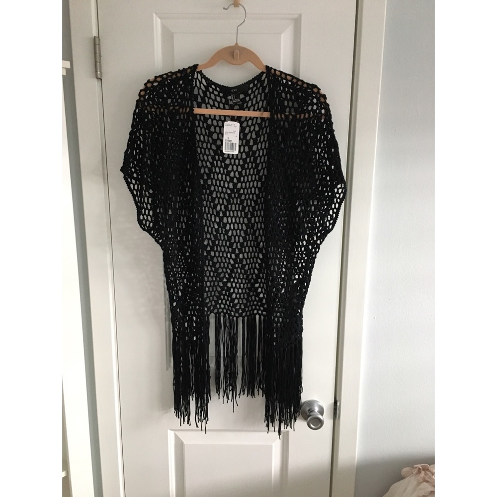 Forever 21 Black Fringe Crochet Cardigan NWT S